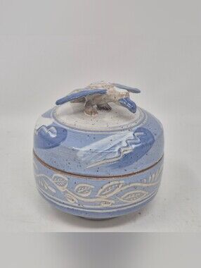 Studio Pottery Lidded Dish With Seagull Handle